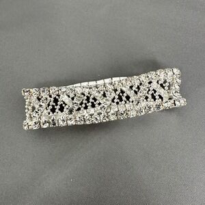 Vintage Silver Tone Clear Rhinestone Wide Geometric Stretch Statement Bracelet